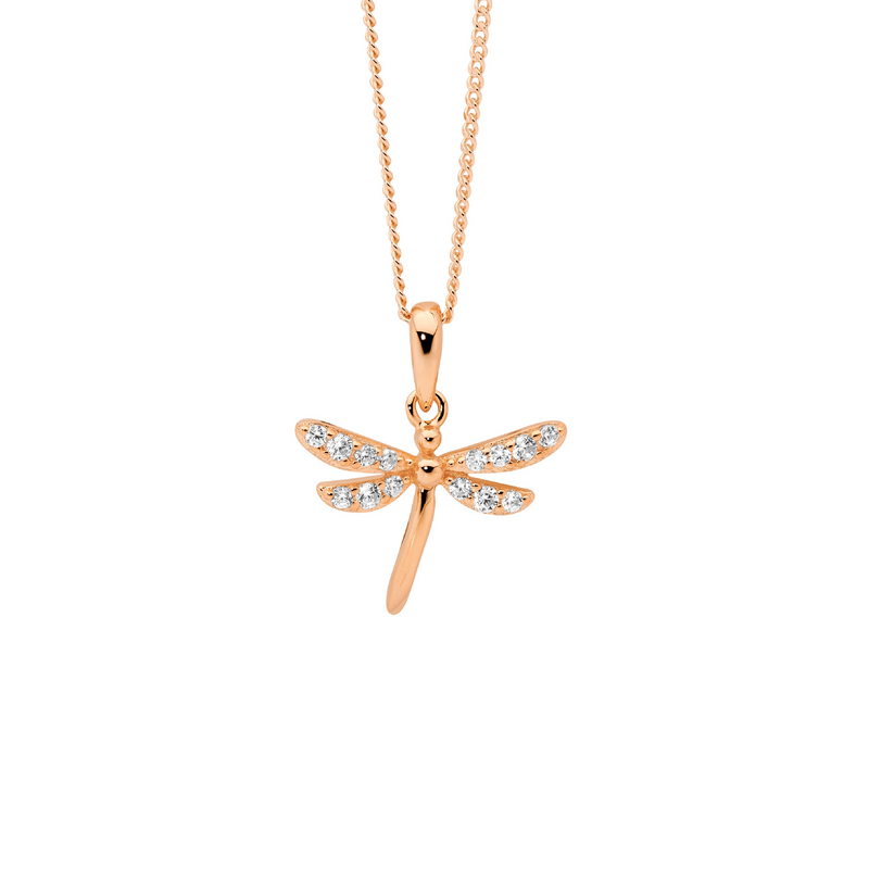 Ellani Rose Gold Plated Dragonfly Pendant Set w CZ P883R