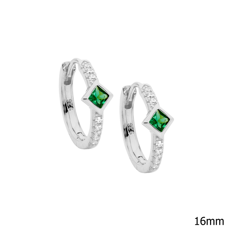 Ellani Sterling Silver Hoop Earrings Set w Green & White Princess & Round Cut CZ E600GN