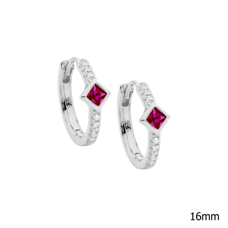 Ellani Sterling Silver Hoop Earrings Set With Red & White Princess & Round Cut CZ E600RD