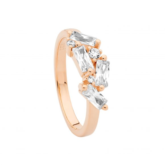 Ellani Sterling Silver Staggered Round & Baguette CZ Cluster Ring With Rose Gold Plate R516R
