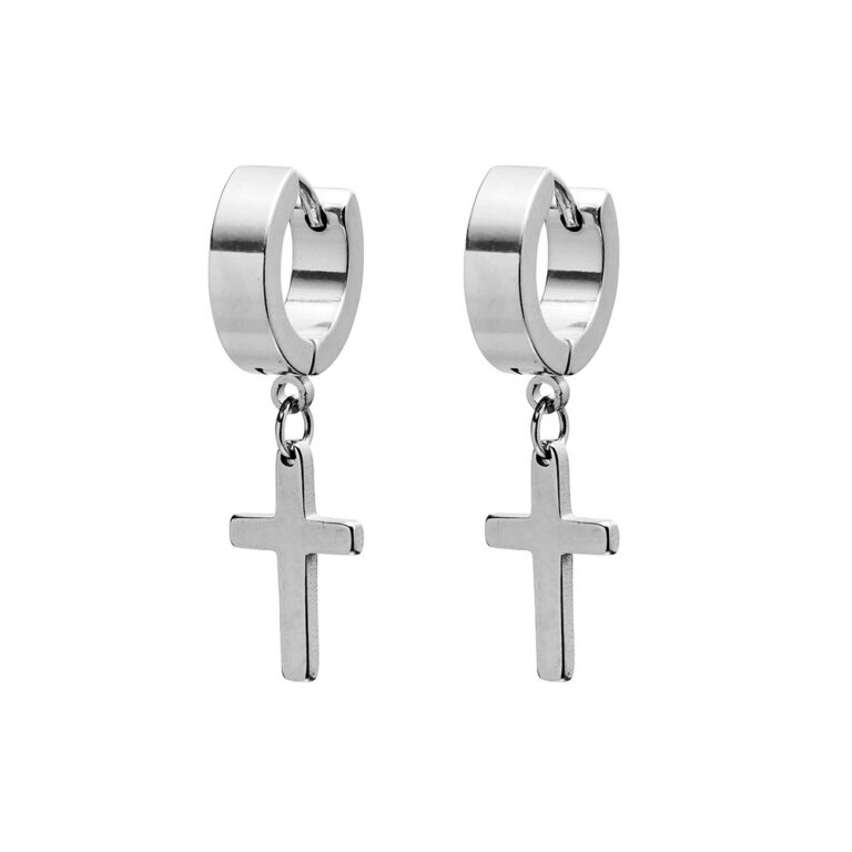 Stainless Steel Huggie Hoop Earrings with Cross Charm main image 1