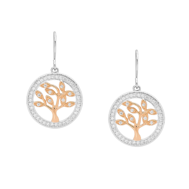 Ellani Sterling Silver Tree Of Life Earrings with CZ & Rose Gold Plate E457R