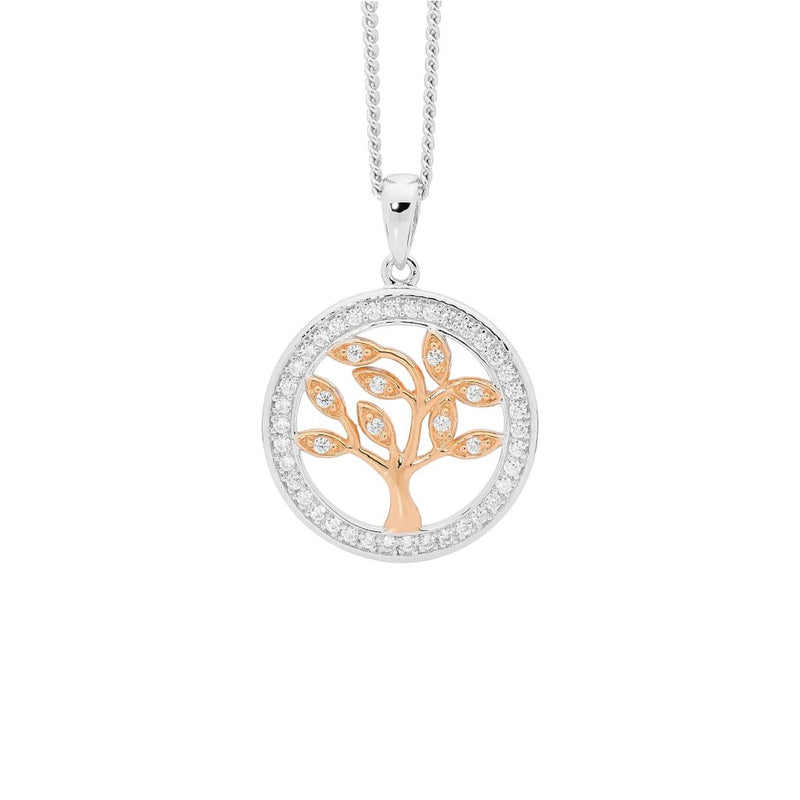 Ellani Sterling Silver Tree Of Life Pendant with CZ & Rose Gold Plate P820R