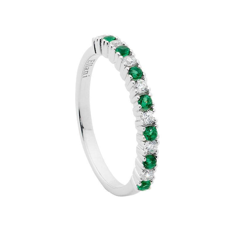 Ellani Sterling Silver Single Row White and Green CZ Ring R497GN