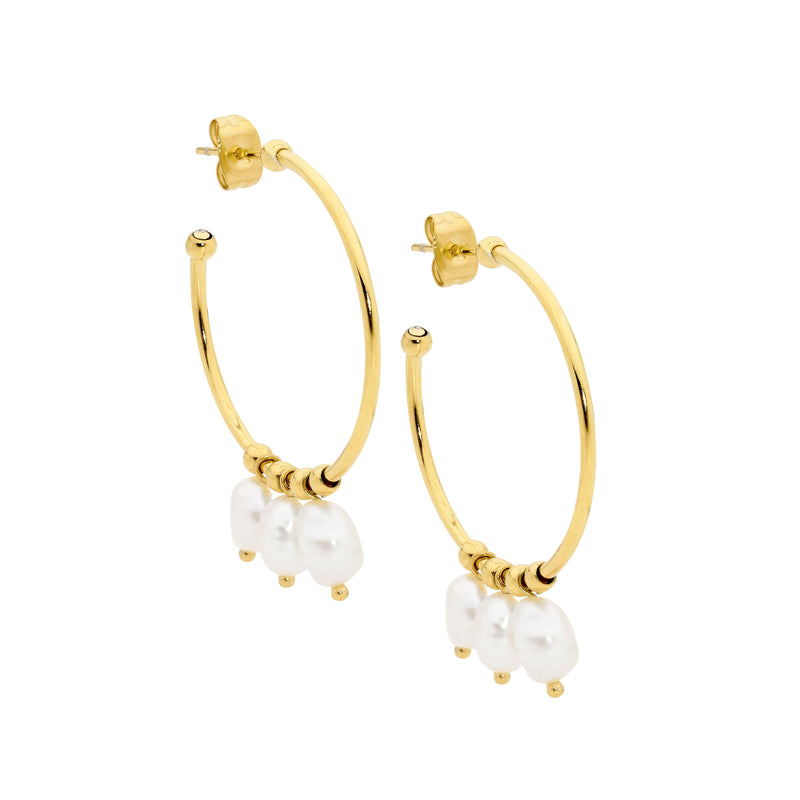 Ellani Stainless Steel Gold Hoop Earrings with Baroque Pearls SE226G