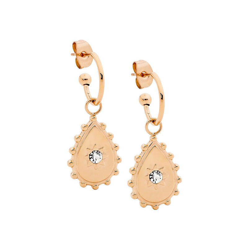 Ellani Stainless Steel Hoop Earrings with Tear Drop and CZ Rose Gold Plated Earrings SE239R