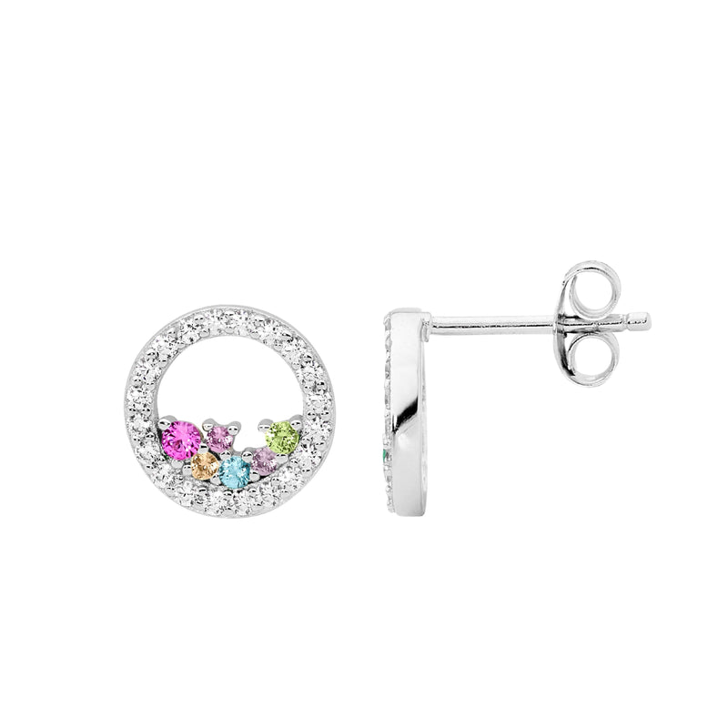 Ellani Sterling Silver Open Circle Stud Earrings w Scattered Pastel Coloured CZ E575P