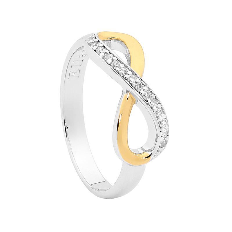 Ellani Sterling Silver CZ Infinity Ring w Yellow Gold Plating R428G