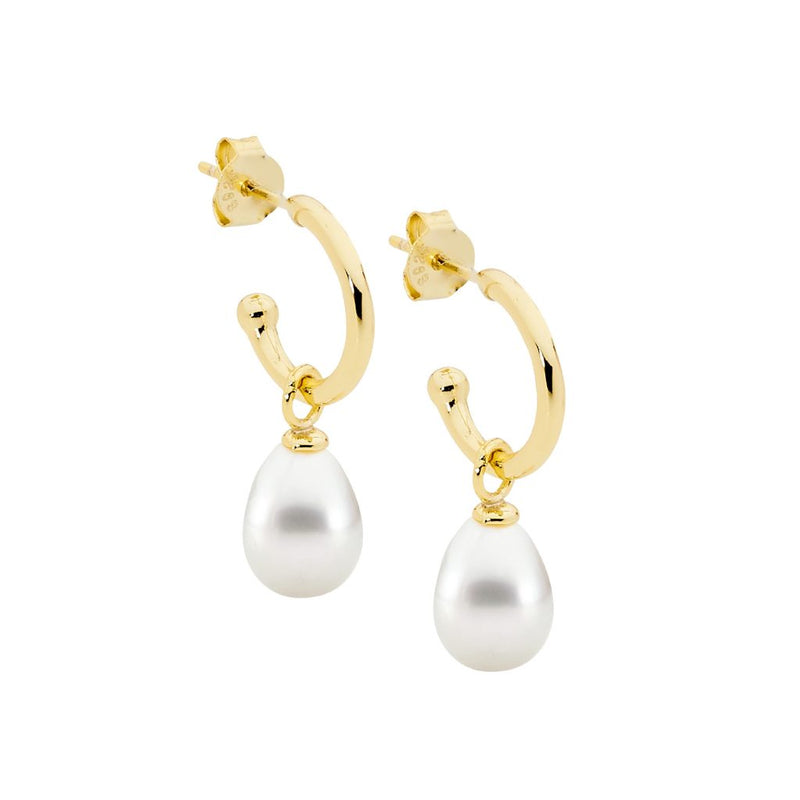 Ellani Sterling Silver Hoop Earrings With Freshwater Pearl Yellow Gold Plating E558G