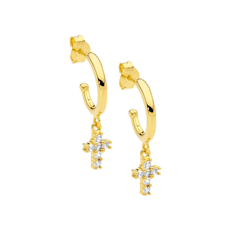 Ellani Sterling Silver Hoop Stud Earrings w CZ Set Hanging Cross & Gold Plating E538G