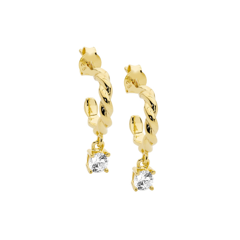 Ellani Sterling Silver Twist Hoop Earrings w CZ & Gold Plating E587G