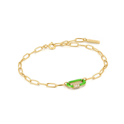 Ania Haie Neon Green Enamel Carabiner Gold Bracelet