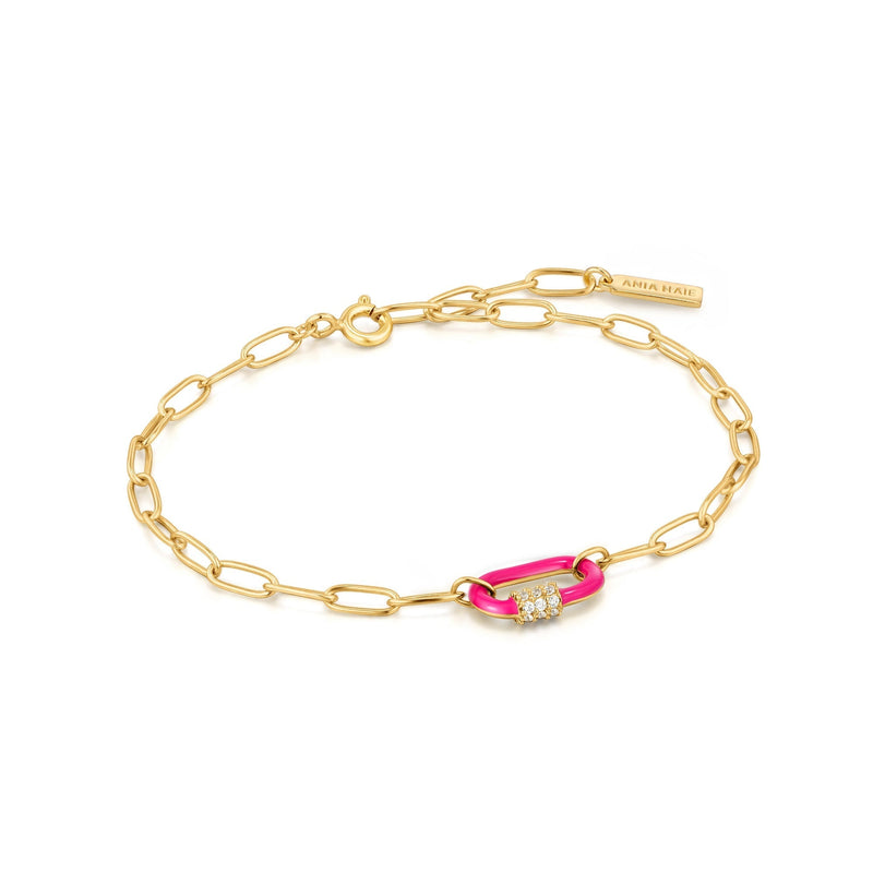 Ania Haie Neon Pink Enamel Carabiner Gold Bracelet