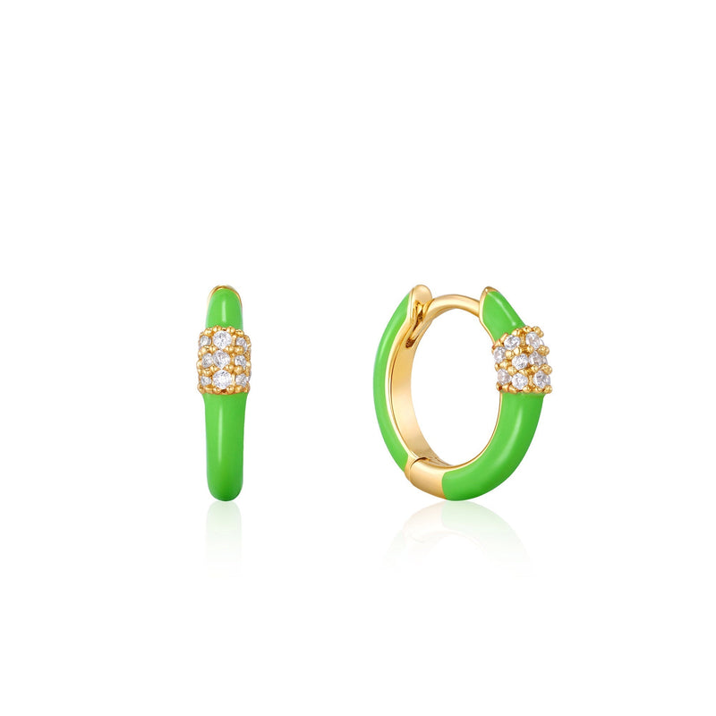 Ania Haie Neon Green Enamel Carabiner Gold Huggie Hoop Earrings