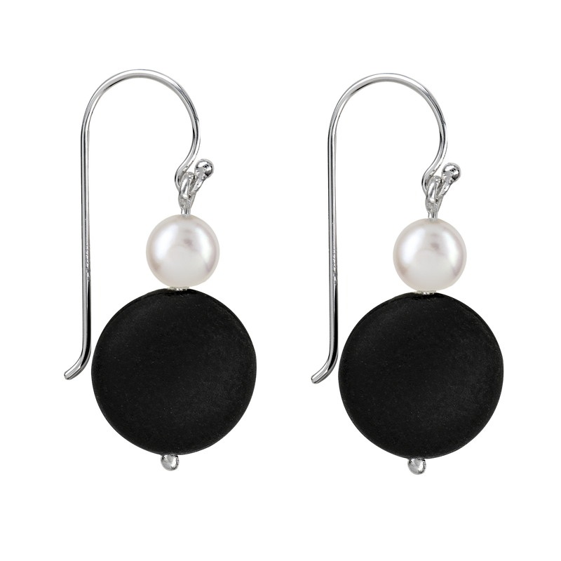 Sterling Silver Freshwater Pearl & Matte Onyx Drop Earrings EW5032