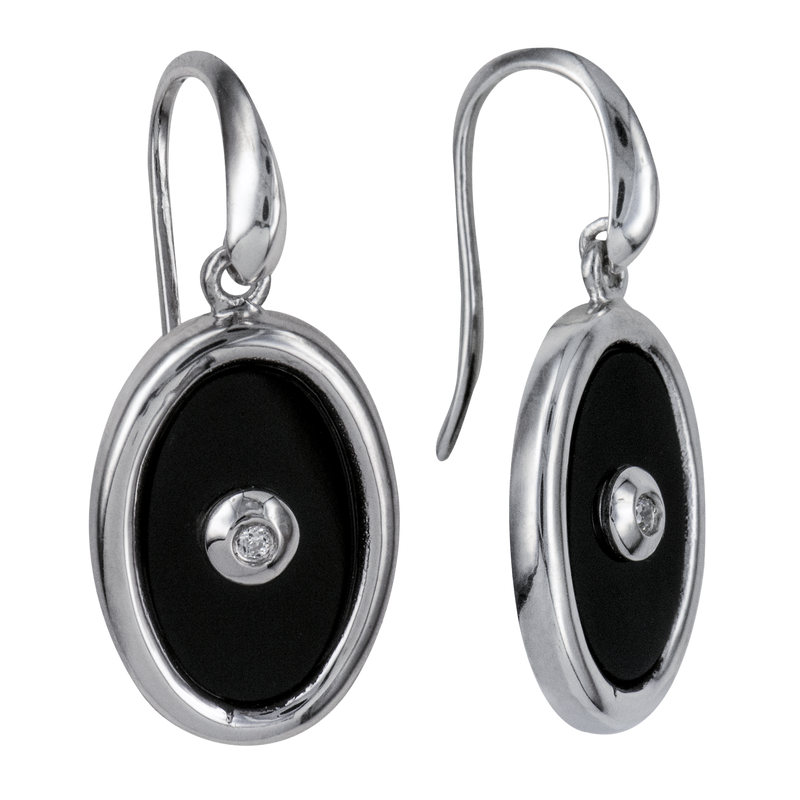 Sterling Silver Oval Black Onyx & CZ Drop Earrings EW922CZ