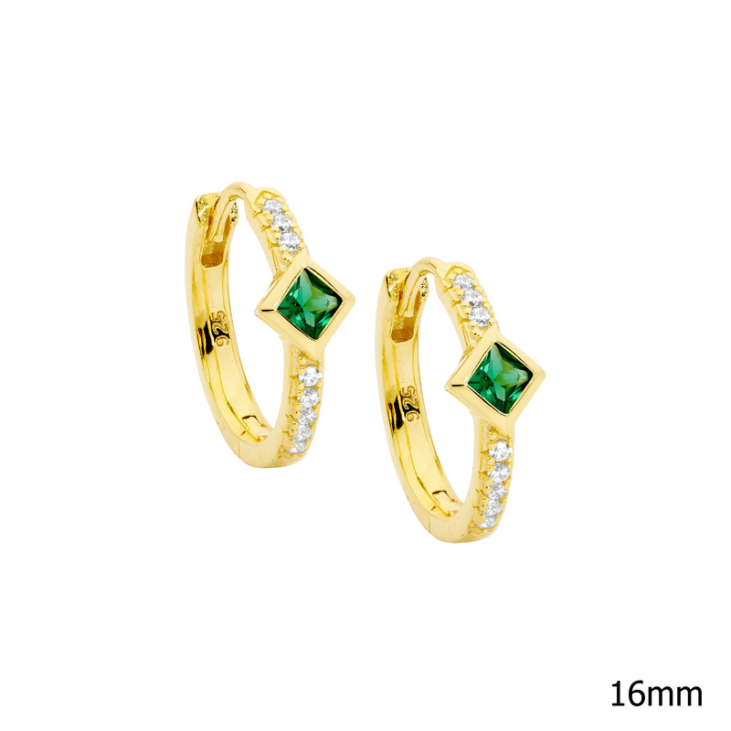 Ellani Gold Plated Hoop Earrings Set w Green Princess & White Round Cut CZ E600GNG