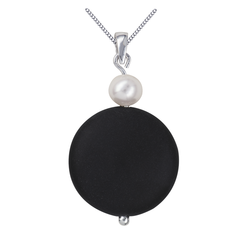 Sterling Silver Freshwater Pearl & Matte Onyx Pendant w Sterling Silver Chain P5032
