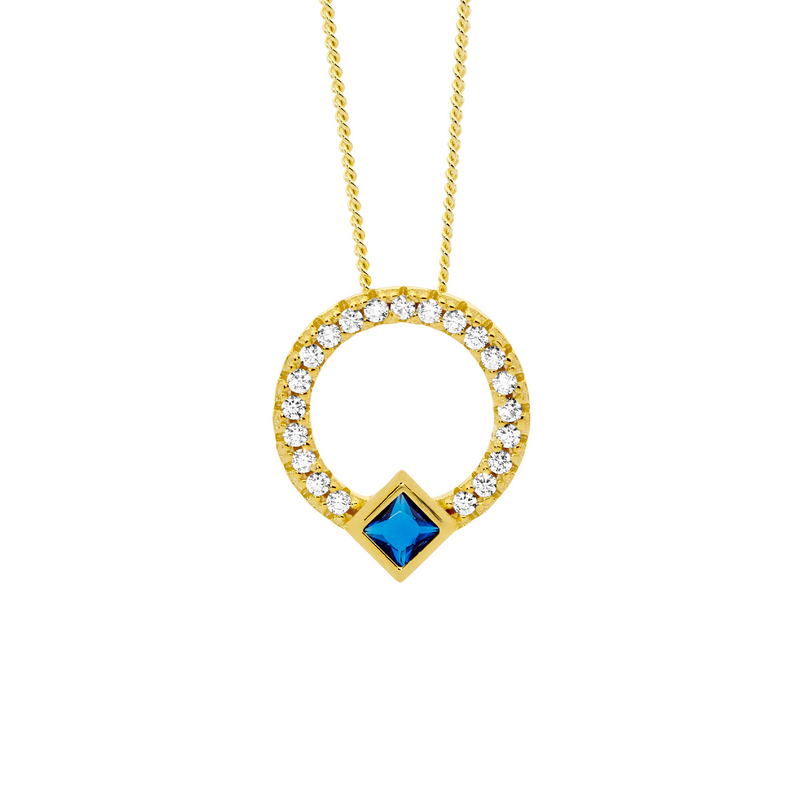 Ellani Gold Plated Dark Blue Princess & White Round Cut CZ Circle Pendant P877DBG