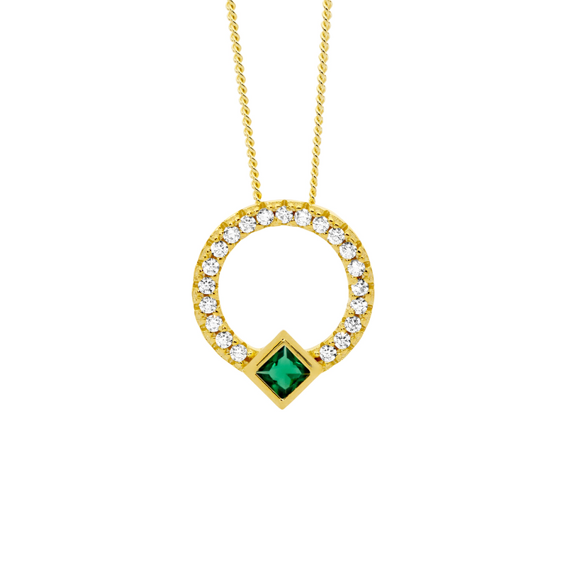 Ellani Gold Plated Green Princess & White Round Cut CZ Circle Pendant P877GNG