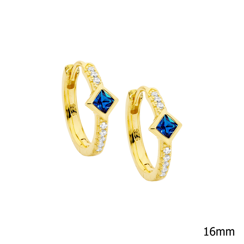 Ellani Gold Plated Hoop Earrings Set w Blue Princess & White Round Cut CZ E600DBG