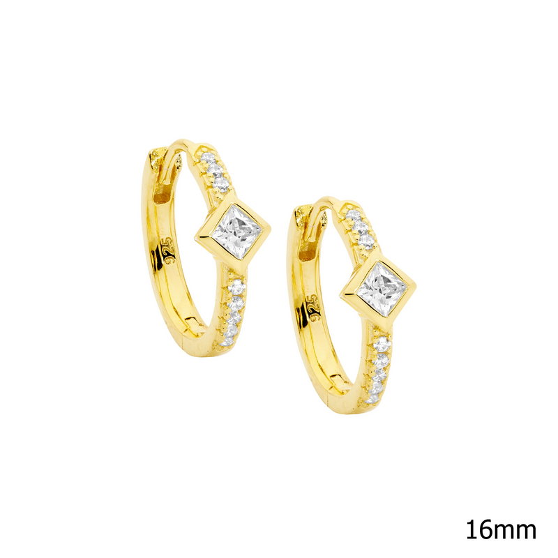 Ellani Gold Plated Hoop Earrings Set w Princess & Round Cut CZ E600GP