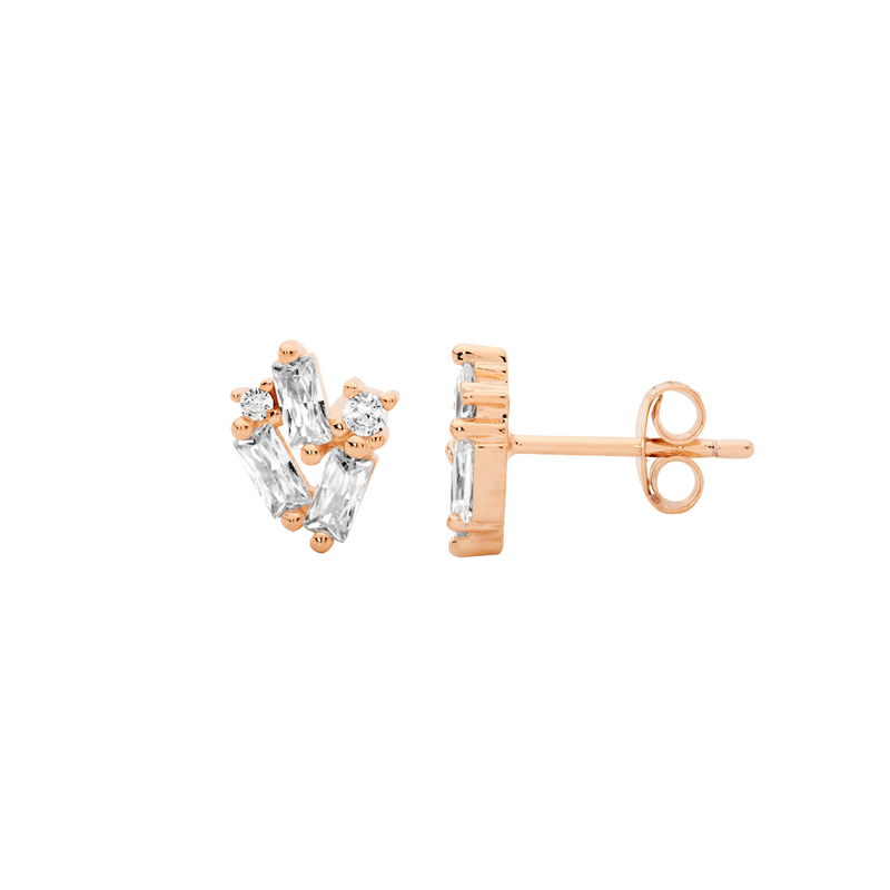 Ellani Rose Gold Plated Baguette & Round CZ Stud Earrings E605R