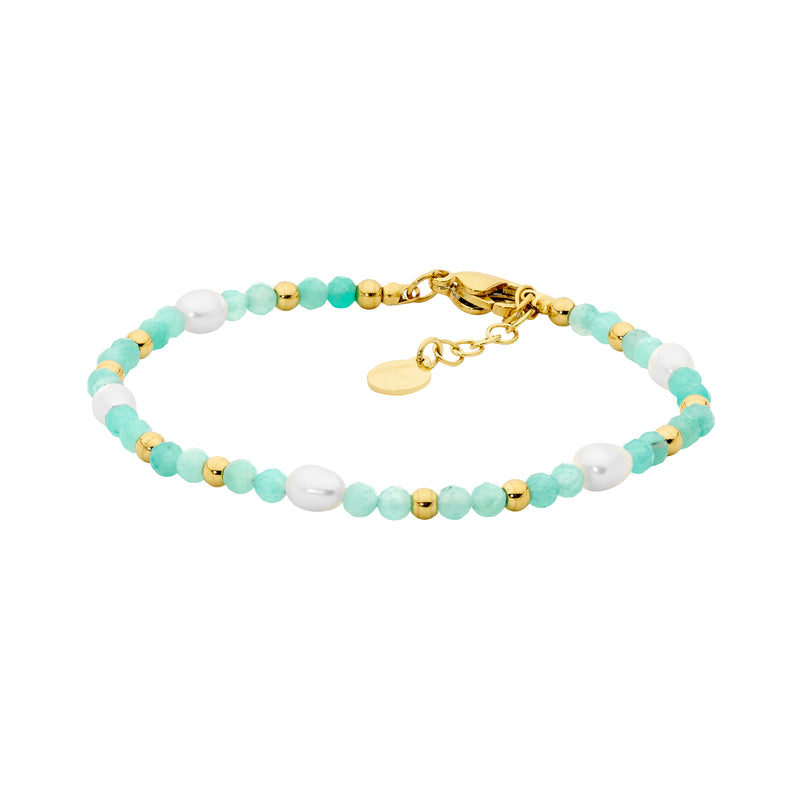 Ellani Stainless Steel Bracelet with Amazonite Beads & Freshwater Pearls & Gold IP Plate SB209