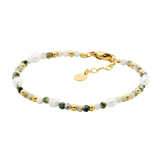 Ellani Stainless Steel Bracelet with Tree Agate & Fresh water Pearl & Gold IP Plate SB207