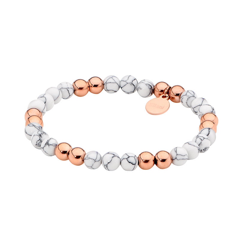 Ellani Stainless Steel Howlite Ball Stretch Bracelet with Rose Gold IP Plating SB197