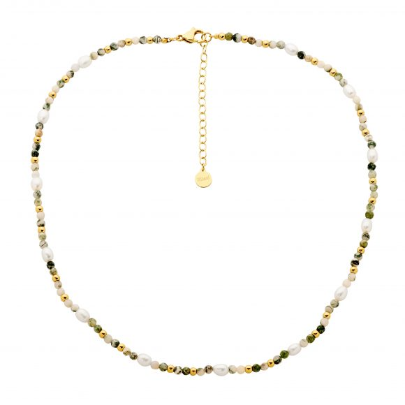 Ellani Stainless Steel Necklace with Tree Agate & Fresh water Pearl & Gold IP Plate SP133