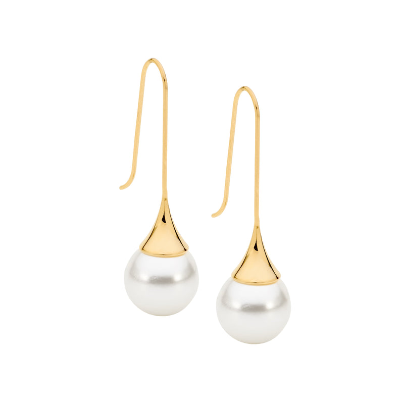 Ellani Stainless Steel Shell Pearl Drop Earrings w Gold IP Plating SE220G