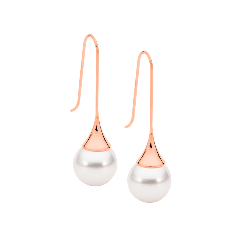 Ellani Stainless Steel Shell Pearl Drop Earrings w Rose Gold IP Plating SE220R