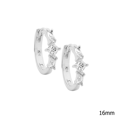 Ellani Sterling Silver Baguette & Princess CZ 16mm Hoop Earrings E608S