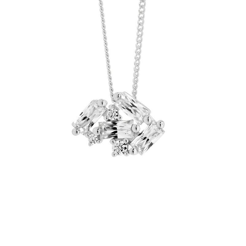 Ellani Sterling Silver Baguette & Round Cut CZ Pendant P885S