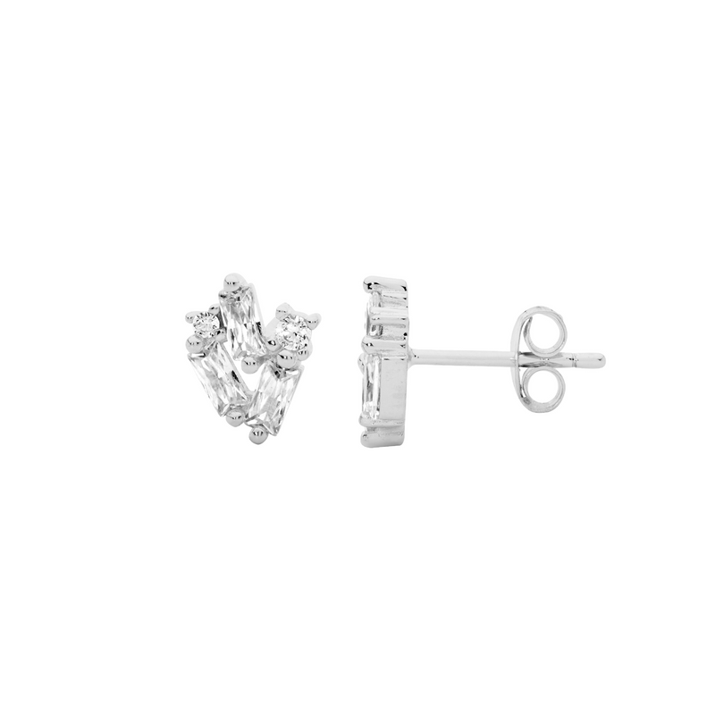 Ellani Sterling Silver Baguette & Round CZ Stud Earrings E605S