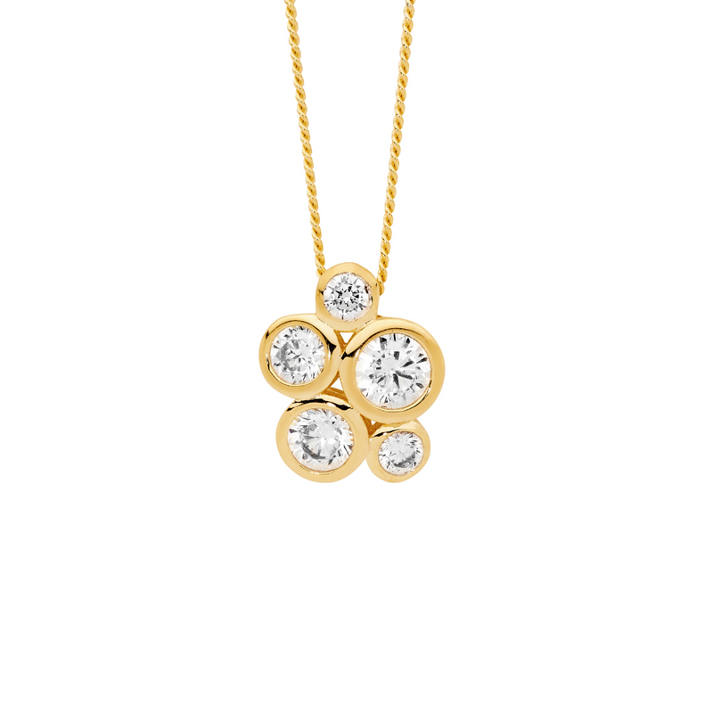 Ellani Sterling Silver Bezel Set CZ Cluster Pendant with Gold Plating P898G