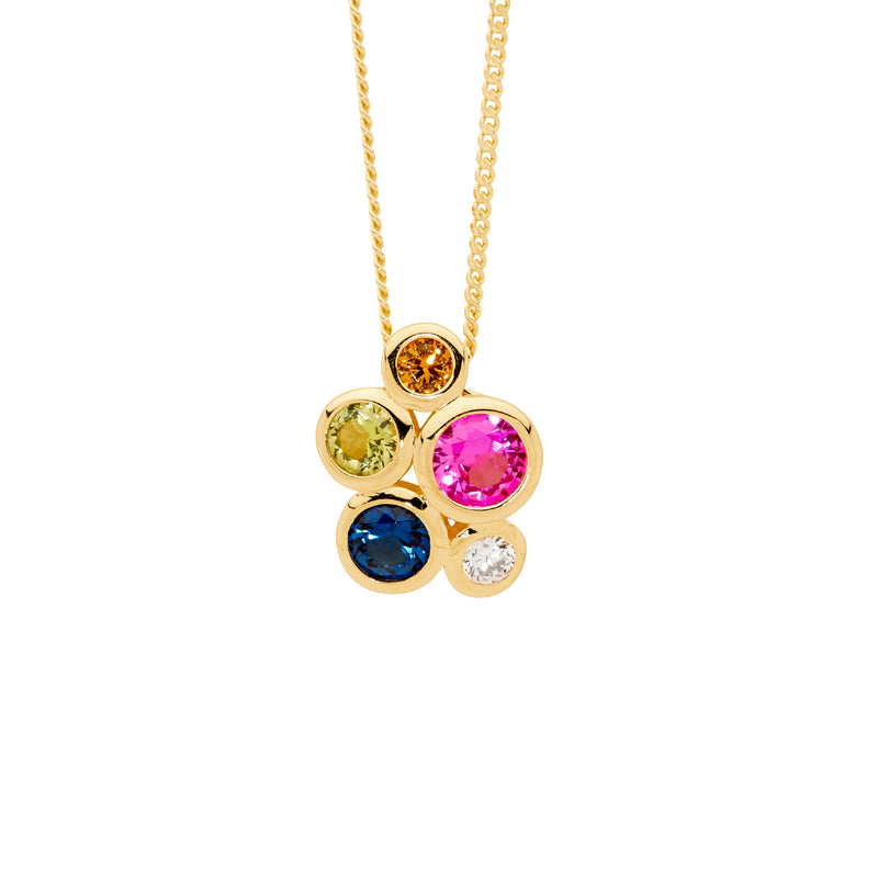 Ellani Sterling Silver Bezel Set Multi Colour CZ Cluster Pendant & Gold Plating P898MG