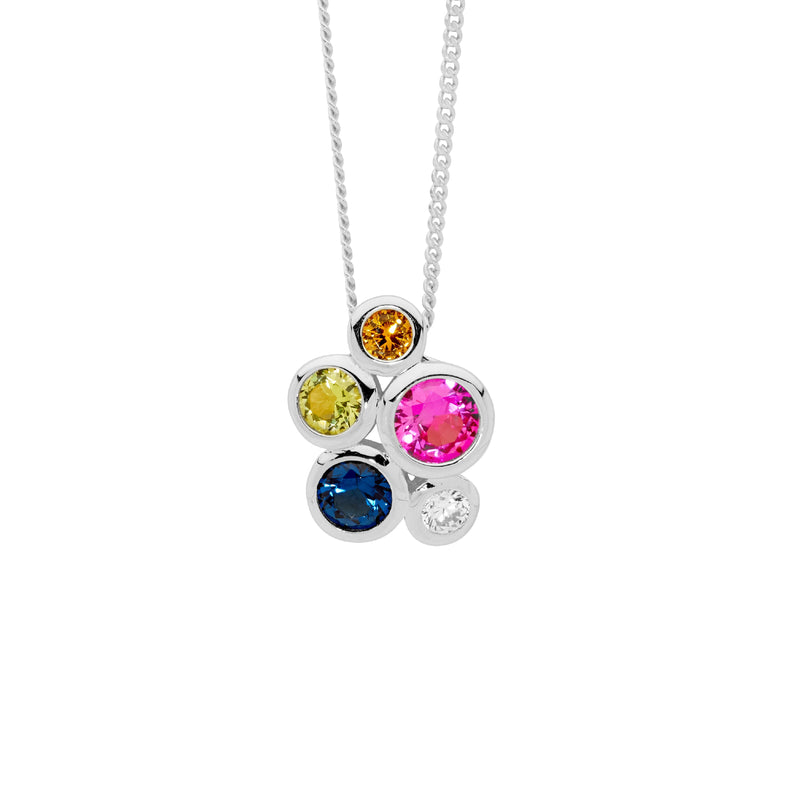 Ellani Sterling Silver Bezel Set Multi Colour CZ Cluster Pendant P898M