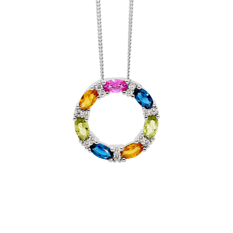 Ellani Sterling Silver Circle Pendant set with White & Multi Colour CZ P893S