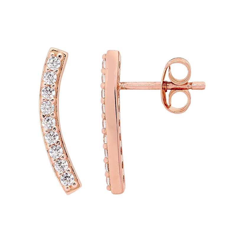 Ellani Sterling Silver CZ Curved Earring w Rose Gold Plating E467R