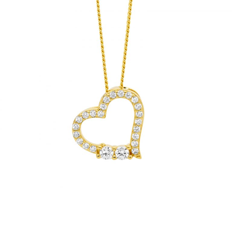 Ellani Sterling Silver CZ Heart Pendant P863G with Chain & Yellow Gold Plate