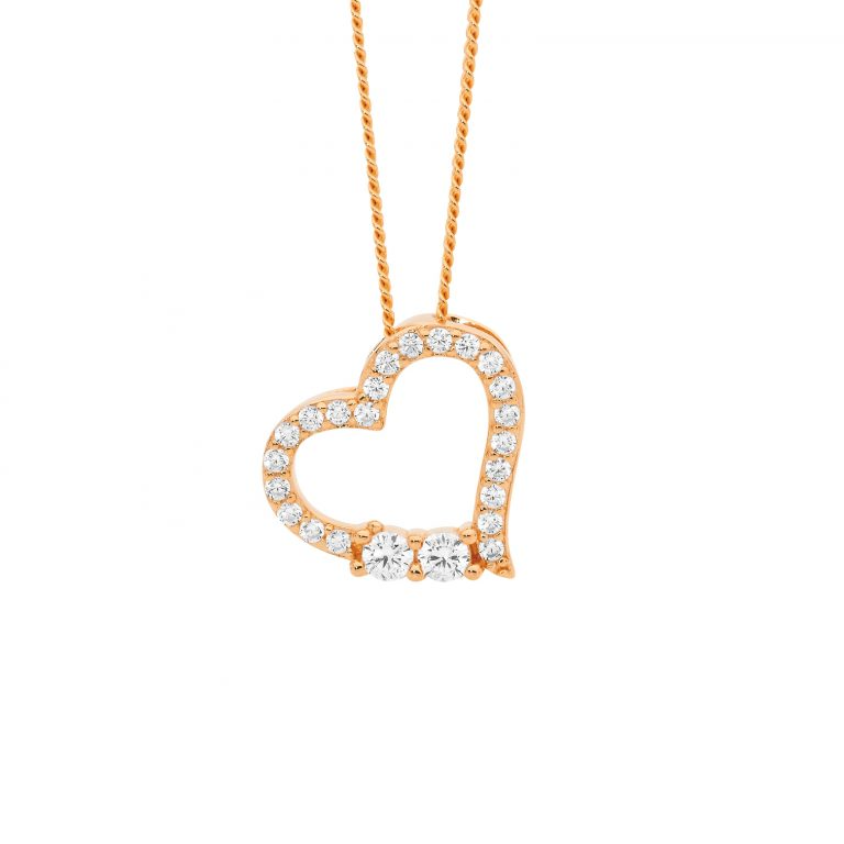 Ellani Sterling Silver CZ Heart Pendant P863R with Chain & Rose Gold Plate