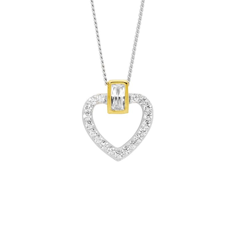 Ellani Sterling Silver CZ Heart Pendant P880G Yellow Gold Highlights with 45 cm Chain