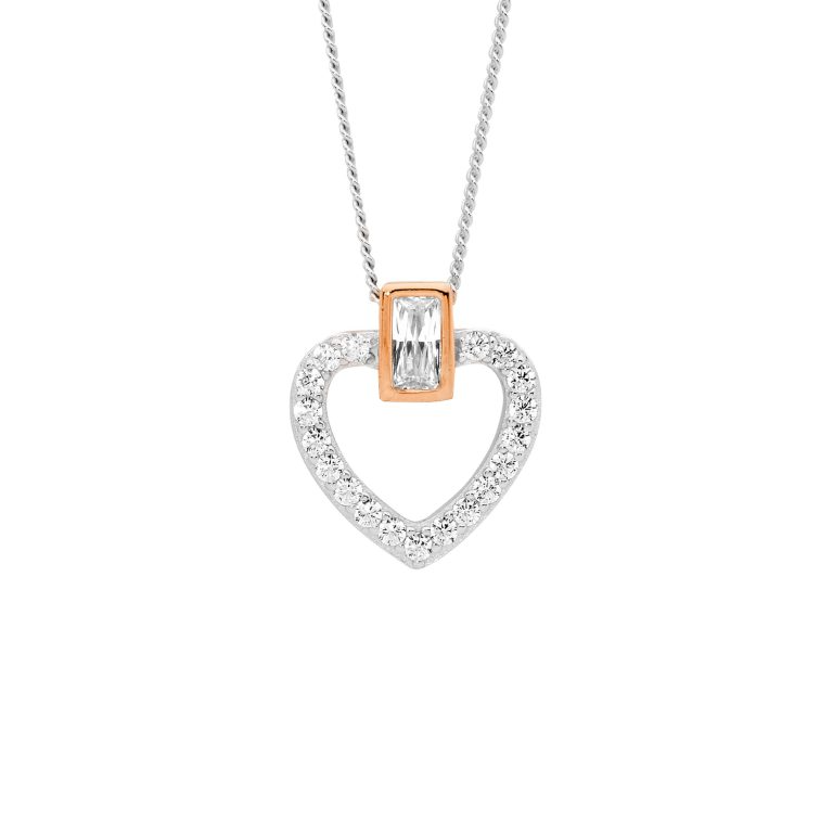 Ellani Sterling Silver CZ Heart Pendant P880R Rose Gold Highlights with 45 cm Chain