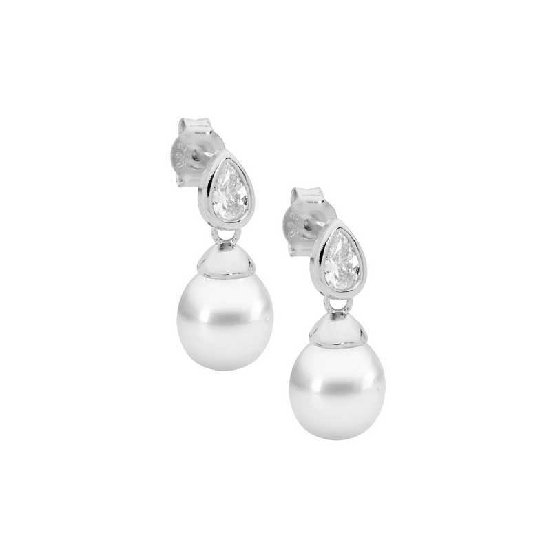 Ellani Sterling Silver Freshwater Earrings w Bezel Set Pear CZ E621S