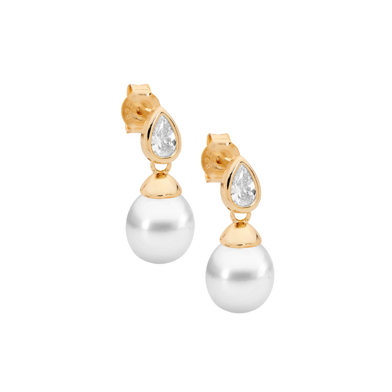 Ellani Sterling Silver Freshwater Earrings w Bezel Set Pear CZ & Gold Plating E621G