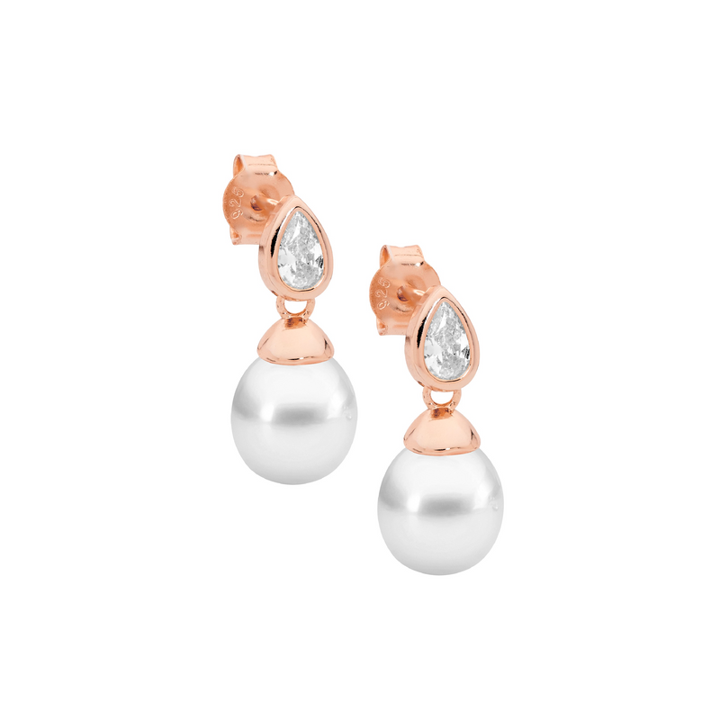 Ellani Sterling Silver Freshwater Earrings w Bezel Set Pear CZ & Rose Gold Plating E621R