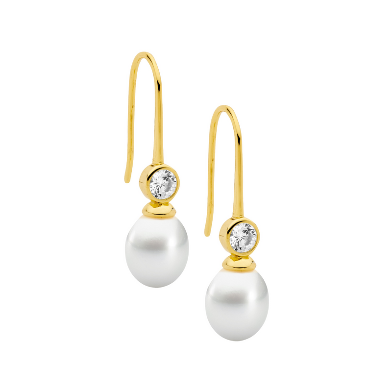 Ellani Sterling Silver Gold Plated Freshwater Pearl Drop Earrings E609G