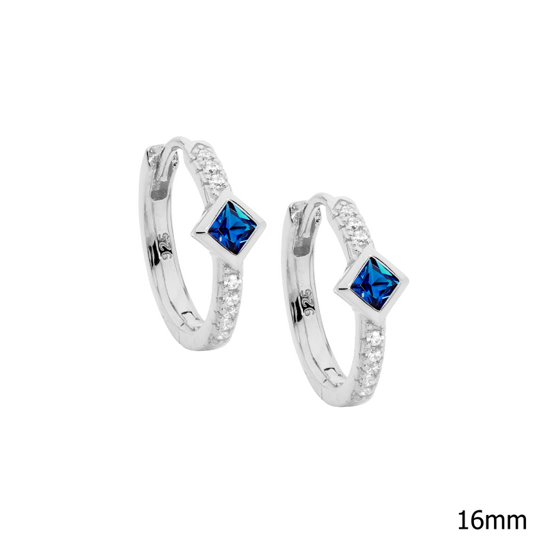 Ellani Sterling Silver Hoop Earrings Set w Blue & White Princess & Round Cut CZ E600DB